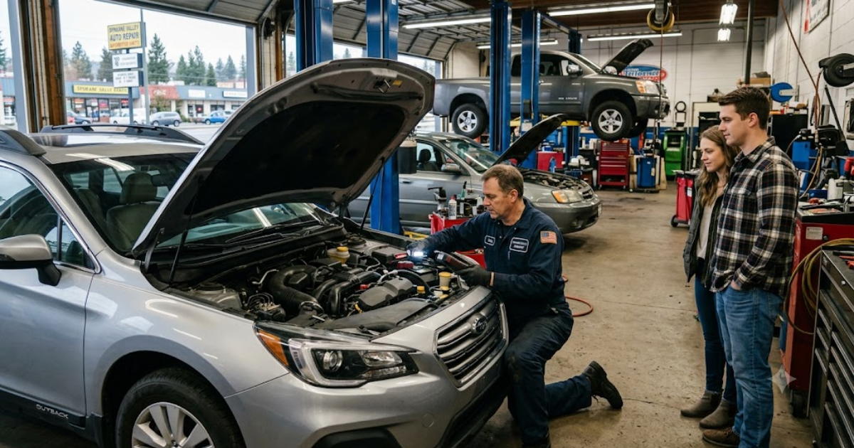 Used car inspection in Spokane Valley with mechanic checking vehicle condition at an auto repair shop before purchase decision